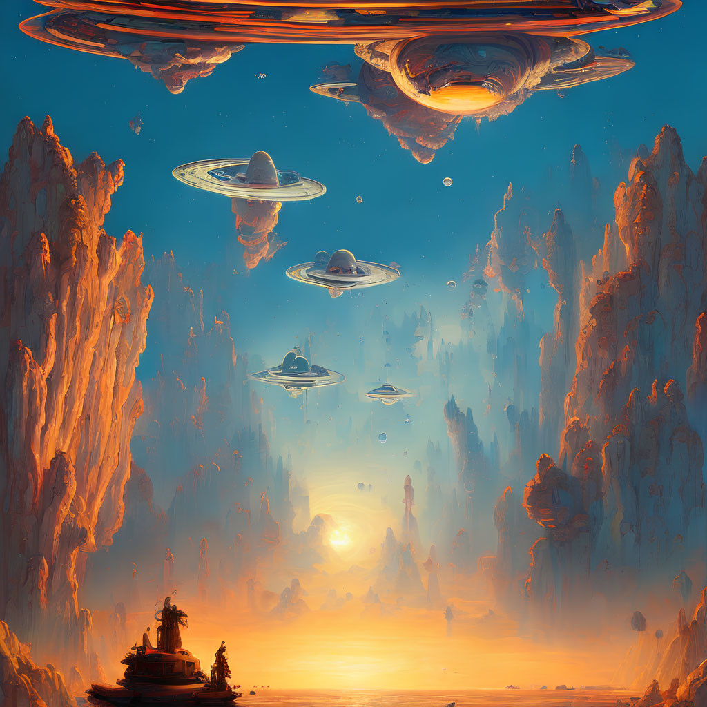 Sci-fi sunset scene with UFOs over ocean cliffs