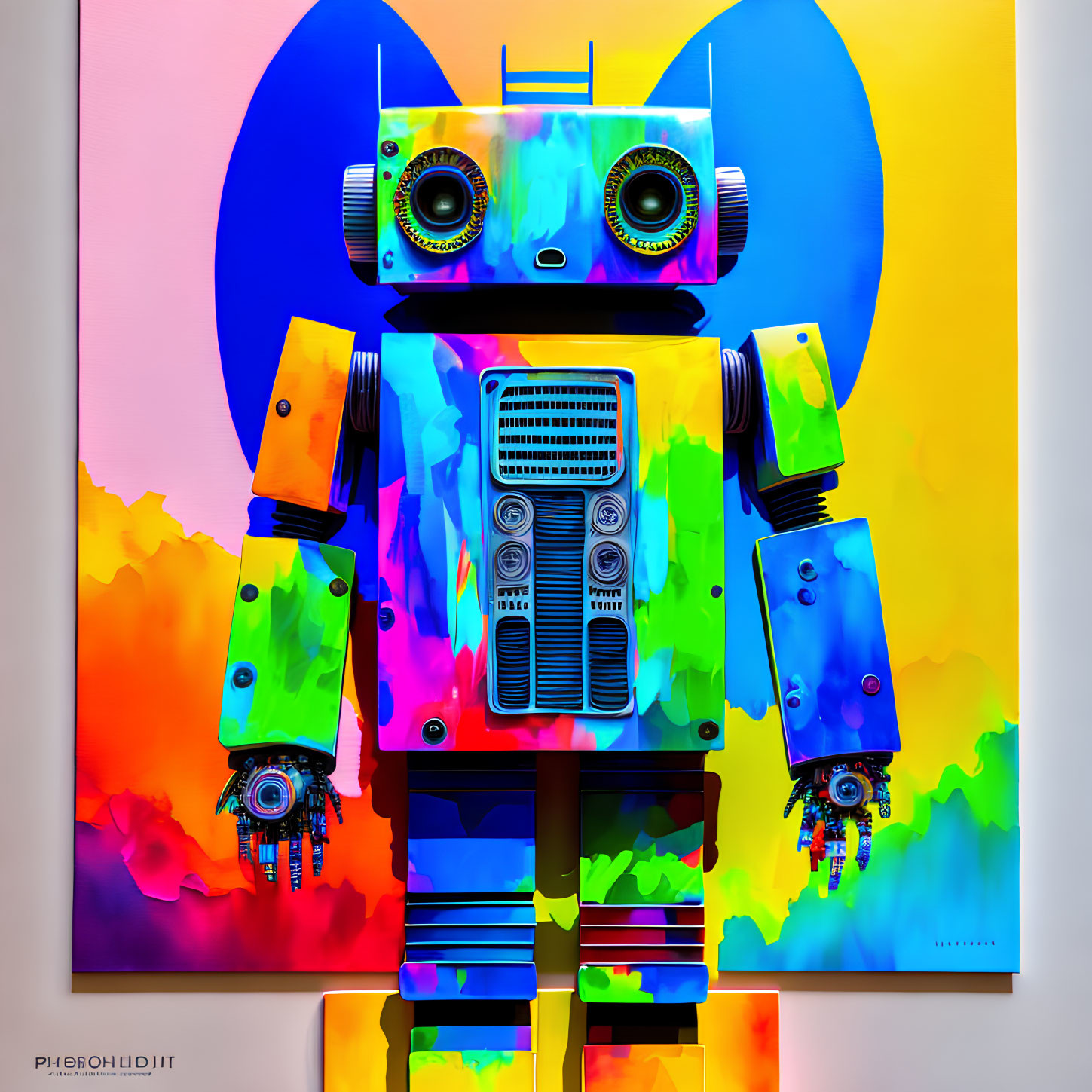 Vibrant humanoid robot art with round eyes and speaker mouth