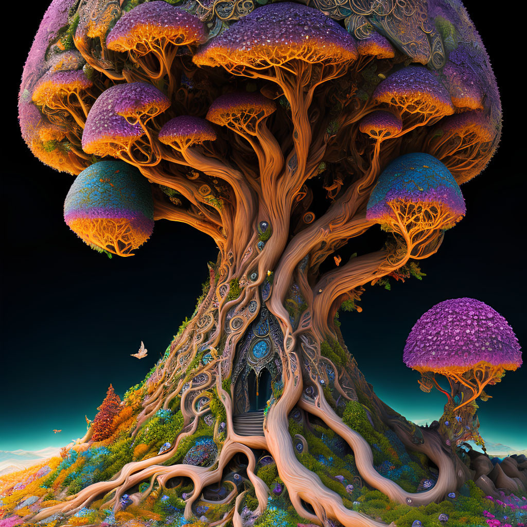 Fantastical tree with door and vibrant mushrooms in dreamlike landscape