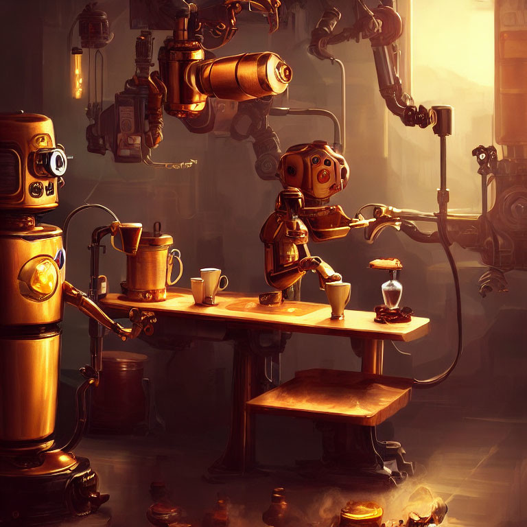 Steampunk-style robot barista in cozy, mechanized cafe