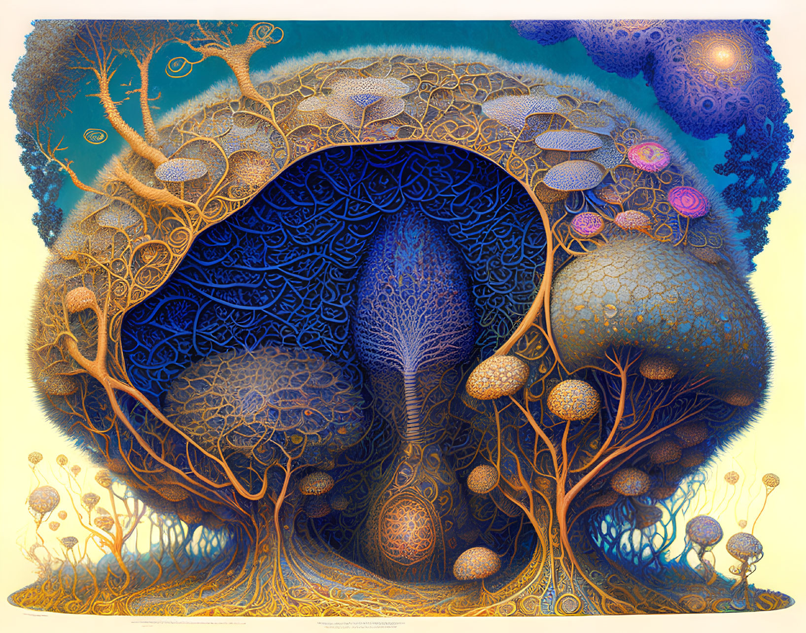 Colorful surreal artwork: stylized trees, peacock figure, veins, starry backdrop