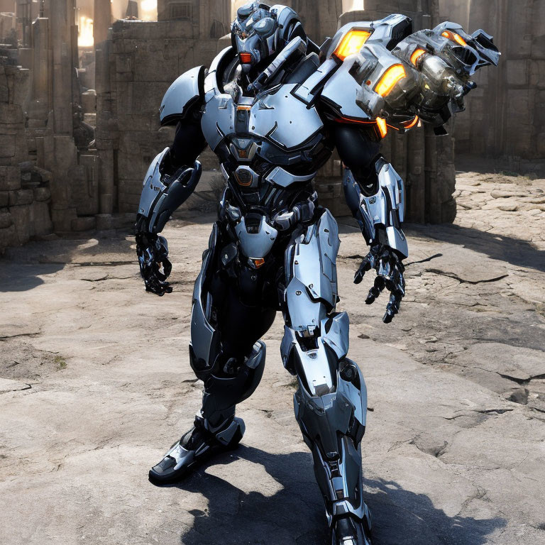 Armored robot with glowing orange elements in urban setting.