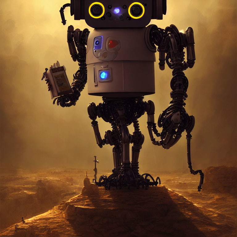 Giant robot with yellow eyes on rocky terrain with notebook and pen