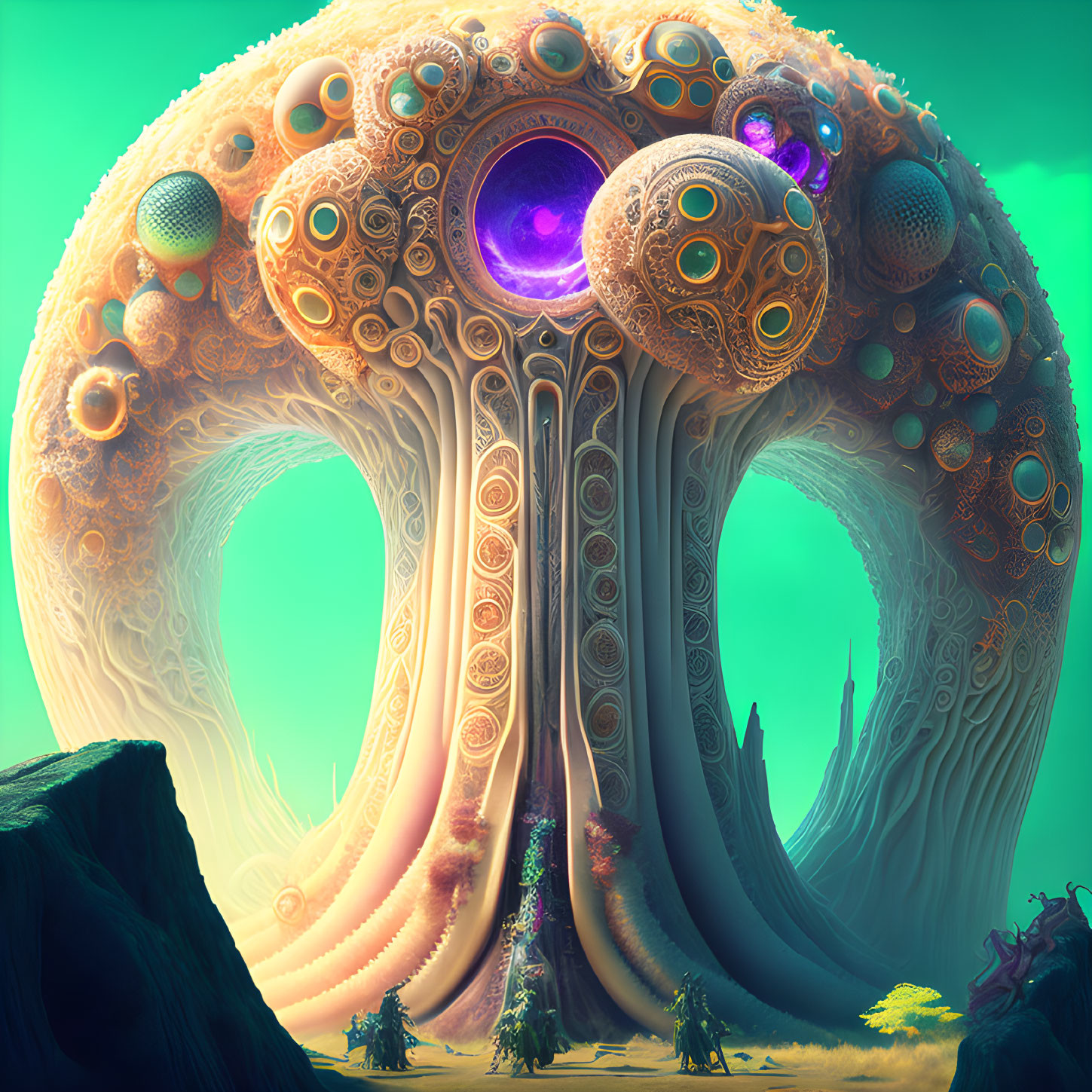 Surreal tree-like structure with arches and spheres under teal sky