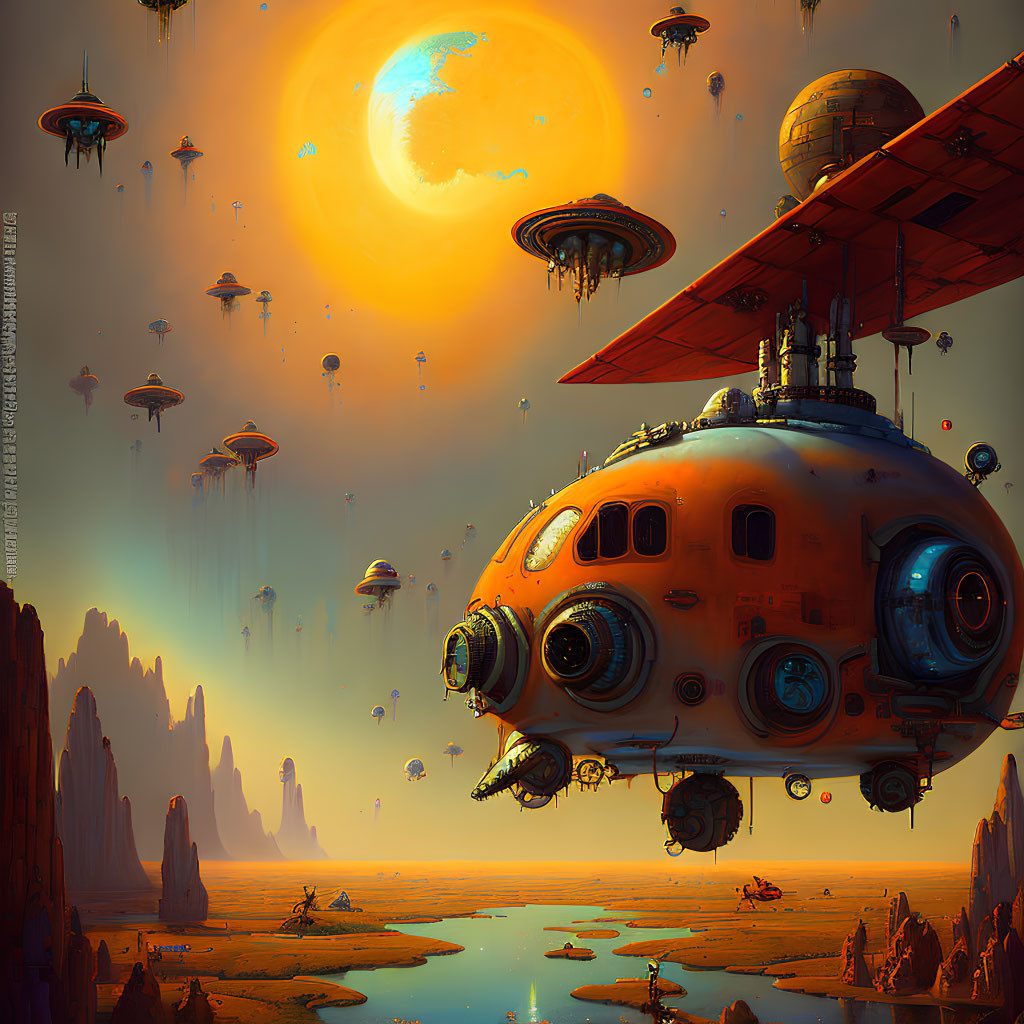 Spherical orange spacecraft over rocky alien landscape