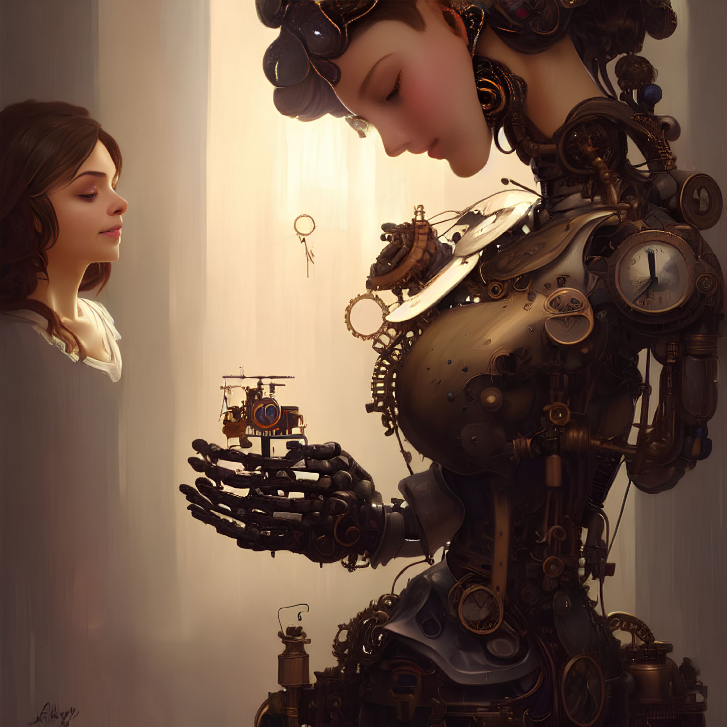 Detailed steampunk-style robot offers tiny ship to woman in thoughtful gaze