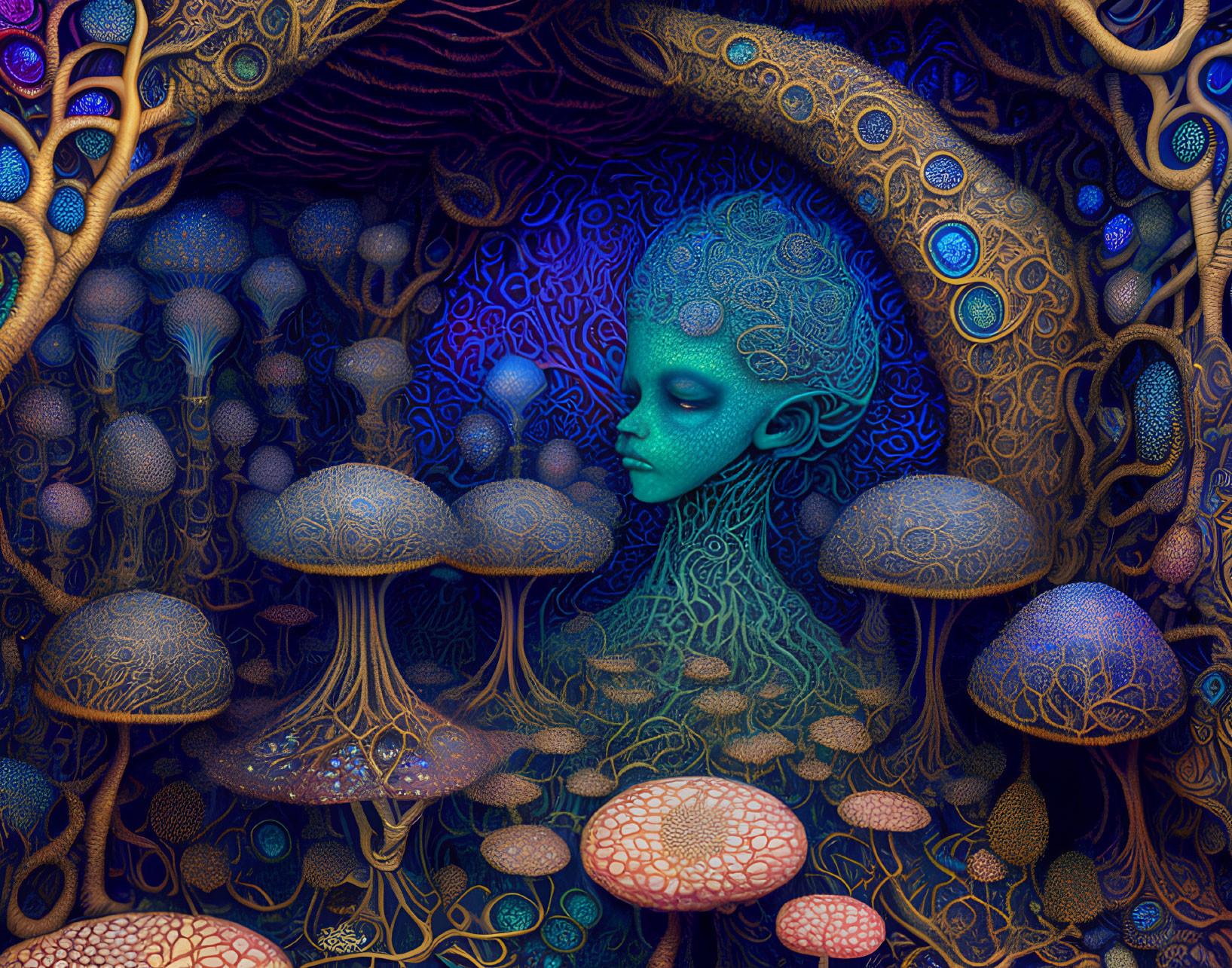 Colorful Alien-Like Figure in Neon Forest with Mushroom Structures