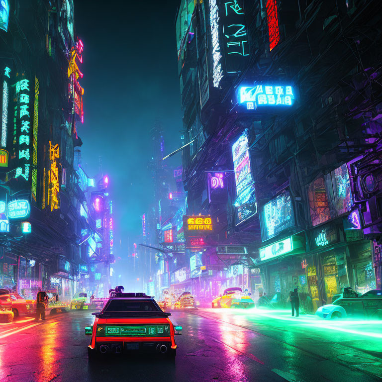 Futuristic cyberpunk cityscape with neon lights and futuristic car