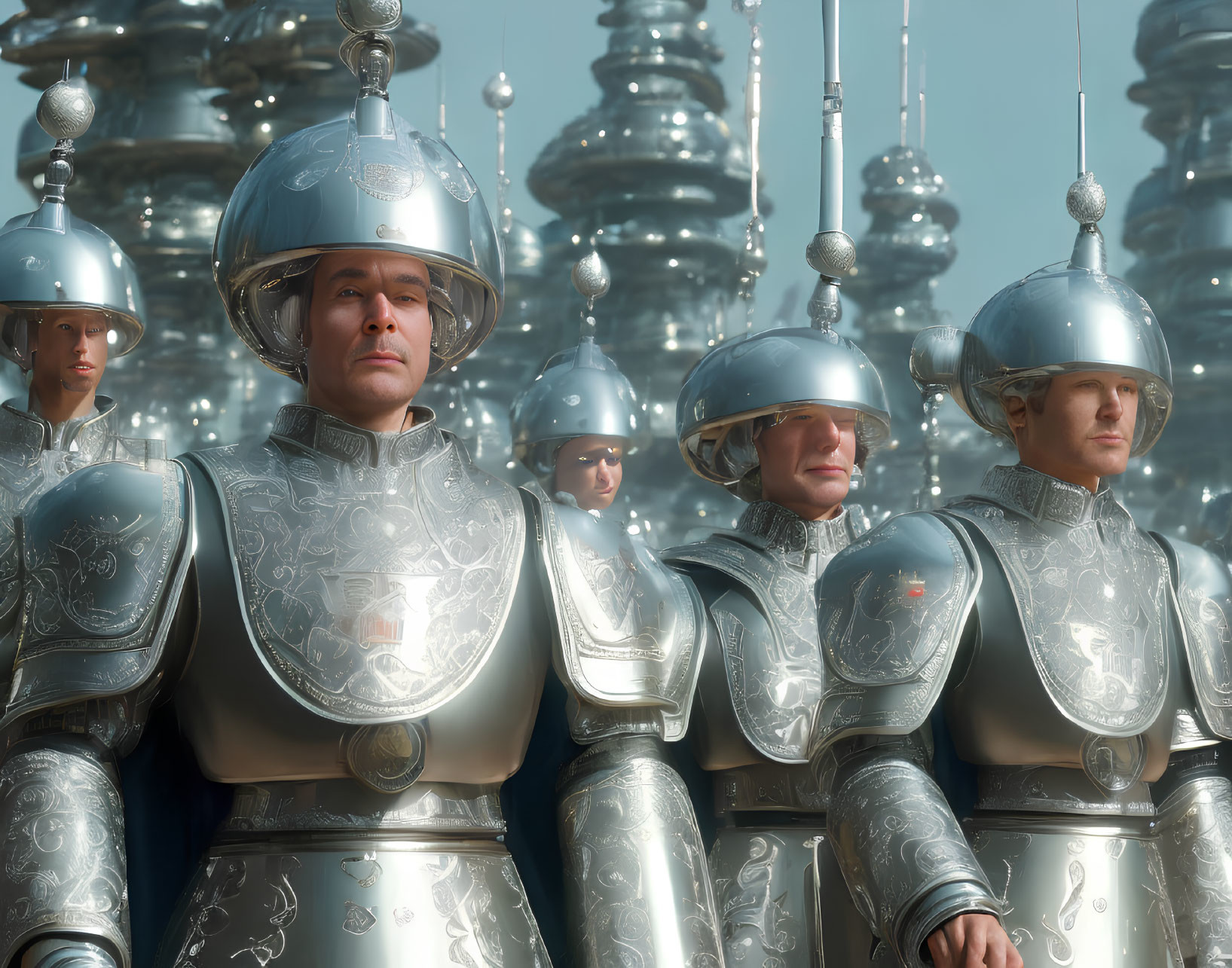 Futuristic individuals in silver armor with large helmets amid towering metallic structures