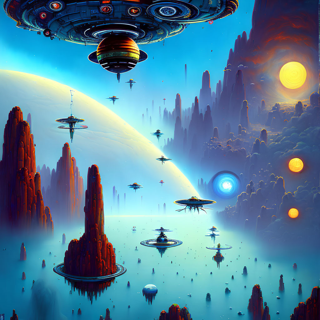 Vibrant Sci-Fi Landscape with Alien Structures and Multiple Suns