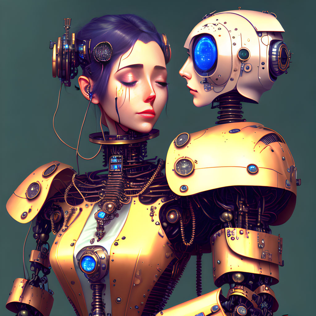 Futuristic robots with feminine and spherical features and intricate mechanical details