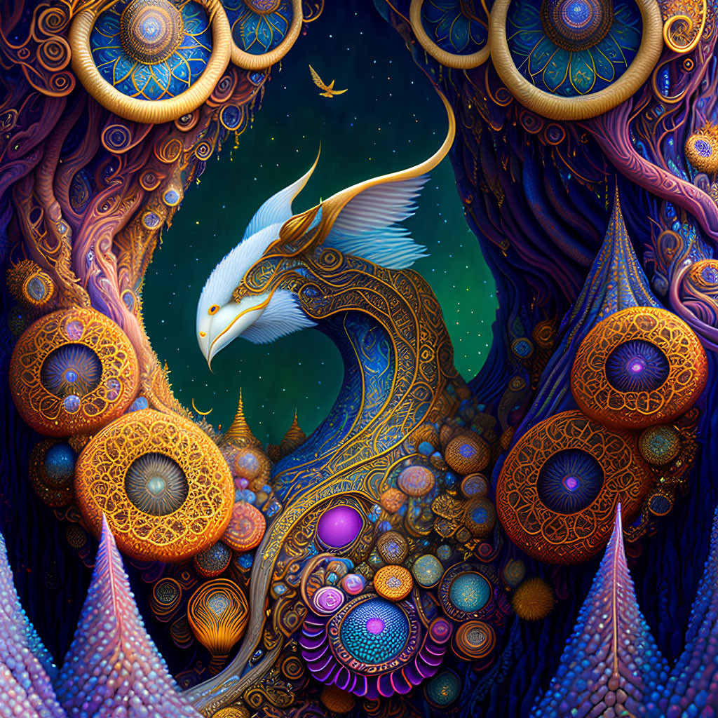 Majestic white bird in vibrant fantasy landscape