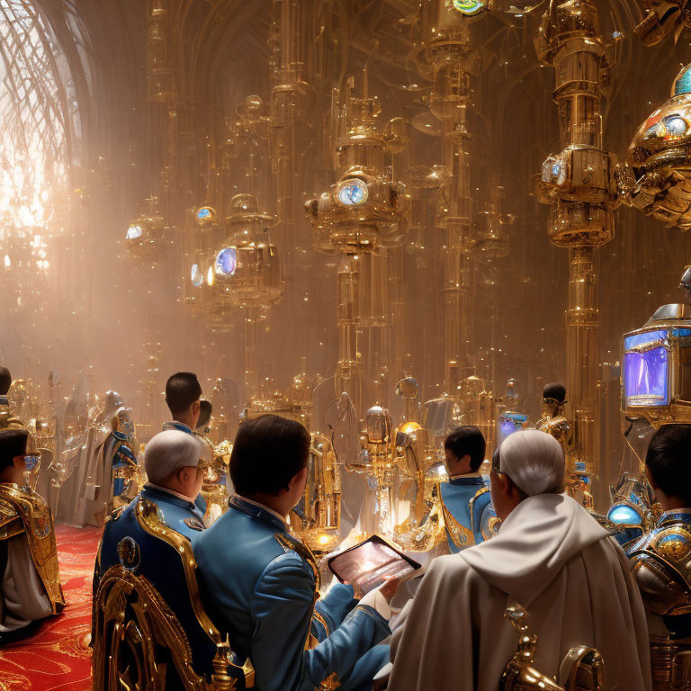 People in elaborate attire gather in luxurious, golden-lit hall with grand chandeliers.