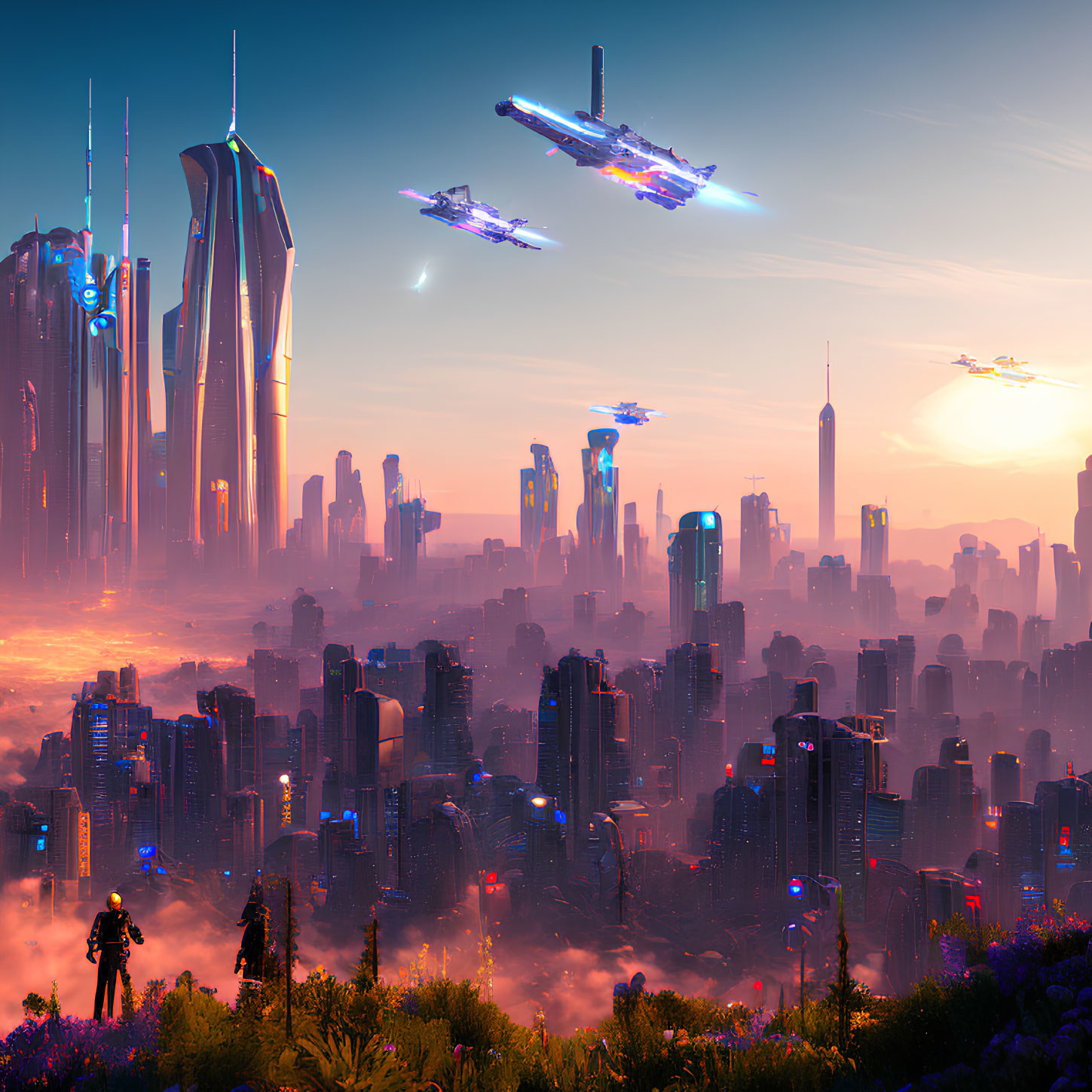 Futuristic cityscape at dusk: skyscrapers, flying vehicles, figures in silhouette