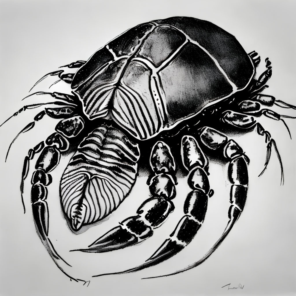 Detailed Hermit Crab Pencil Sketch on White Background