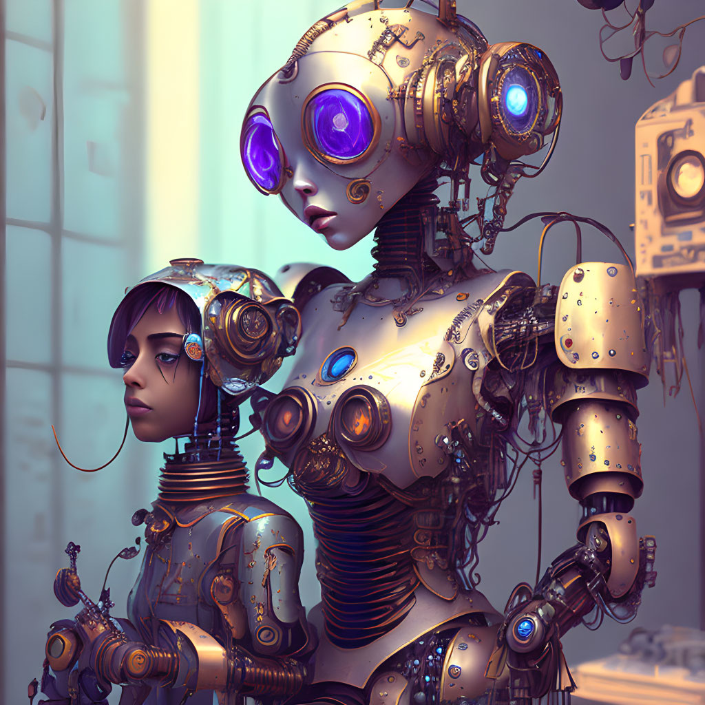 Girl and robot with intricate details and glowing blue eyes in side-by-side pose