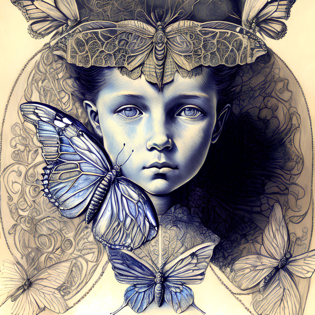 Monochromatic blue digital artwork of a girl with elaborate headgear and butterfly, surrounded by floral patterns