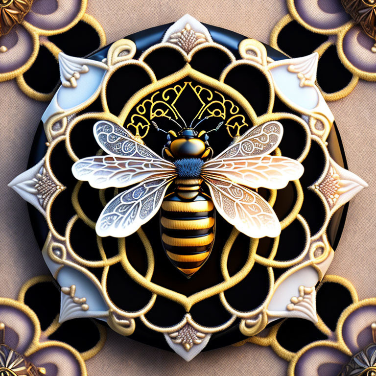 Stylized bee with elaborate wings in ornate circular pattern