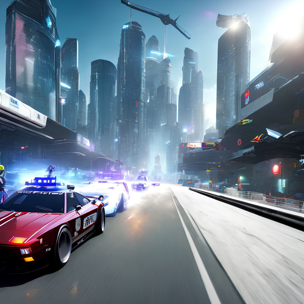 Futuristic cityscape with skyscrapers, neon signs, flying vehicles, and police cars in