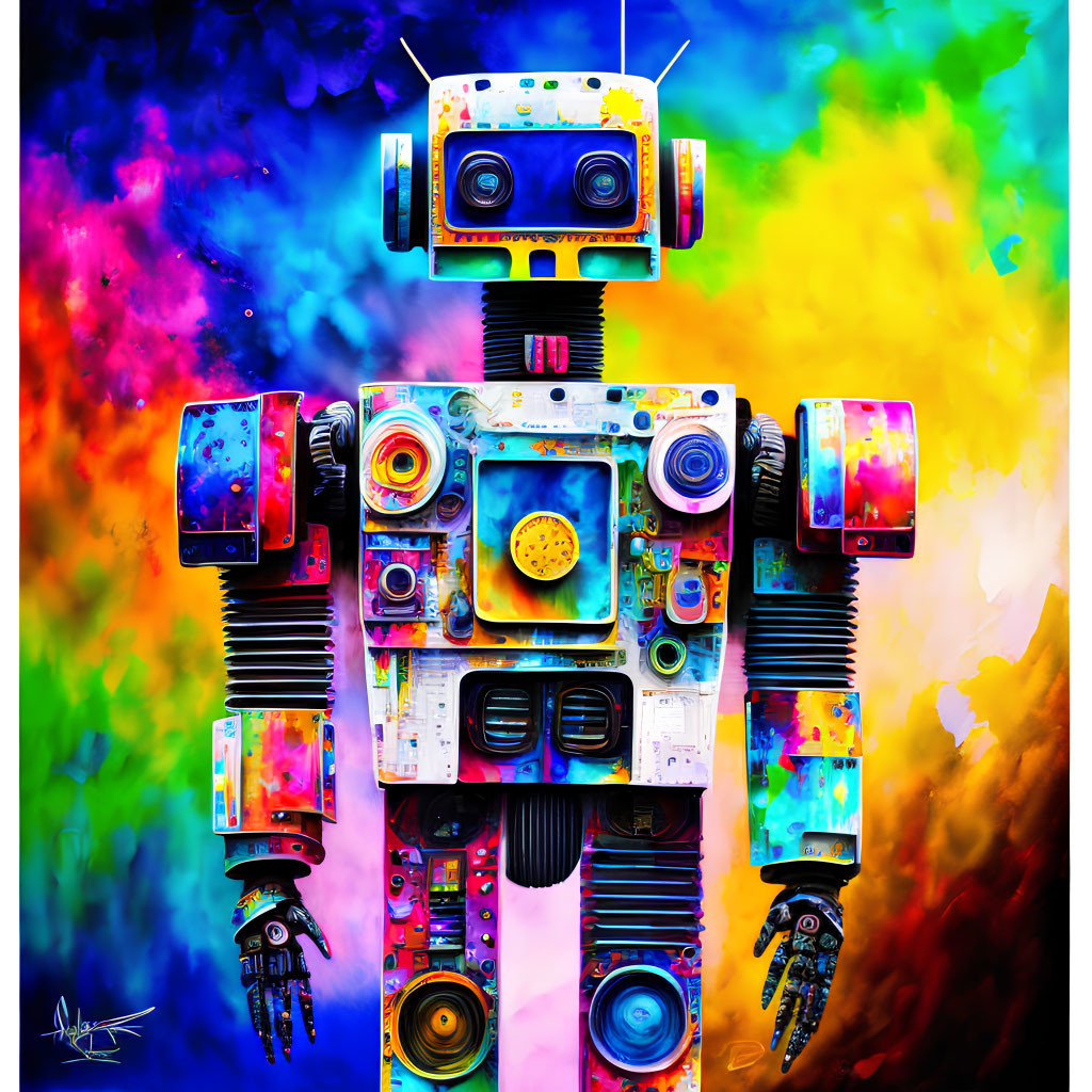 Colorful Stylized Robot Artwork with Tape Deck Mouth on Cosmic Background