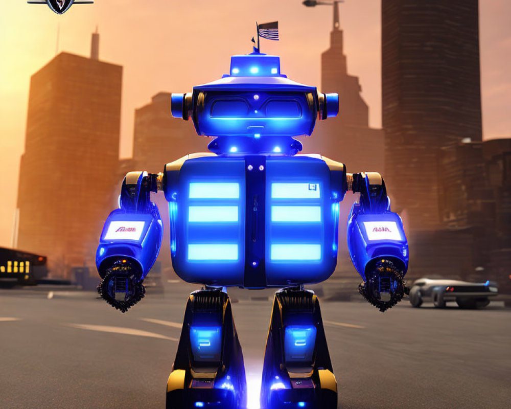 Stylized blue and white robot on road at sunset with city buildings