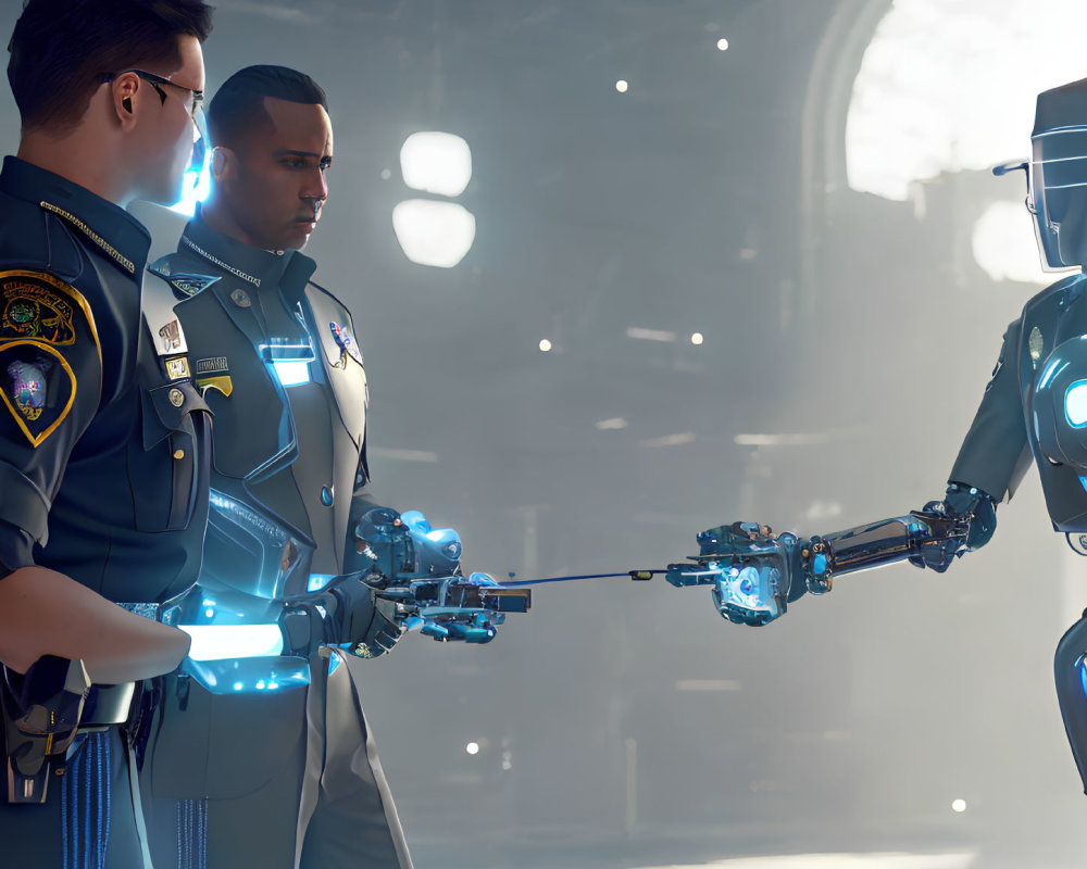 Futuristic scene: Police officers examine humanoid robot with remote control