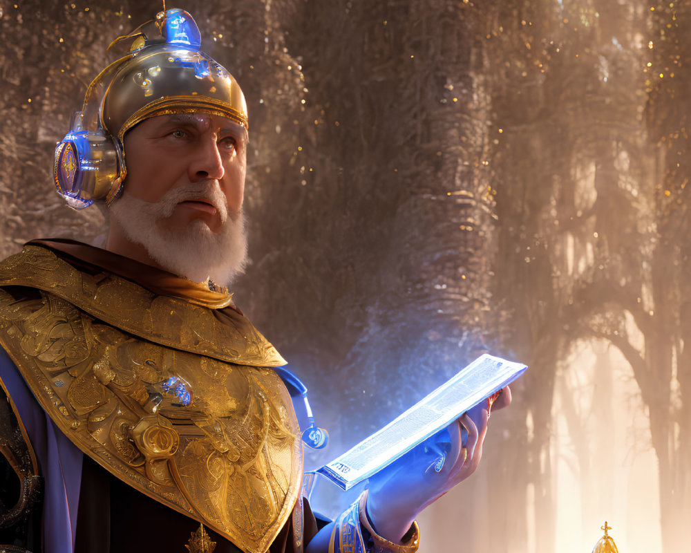 Bearded man in golden armor gazes at glowing book in misty forest