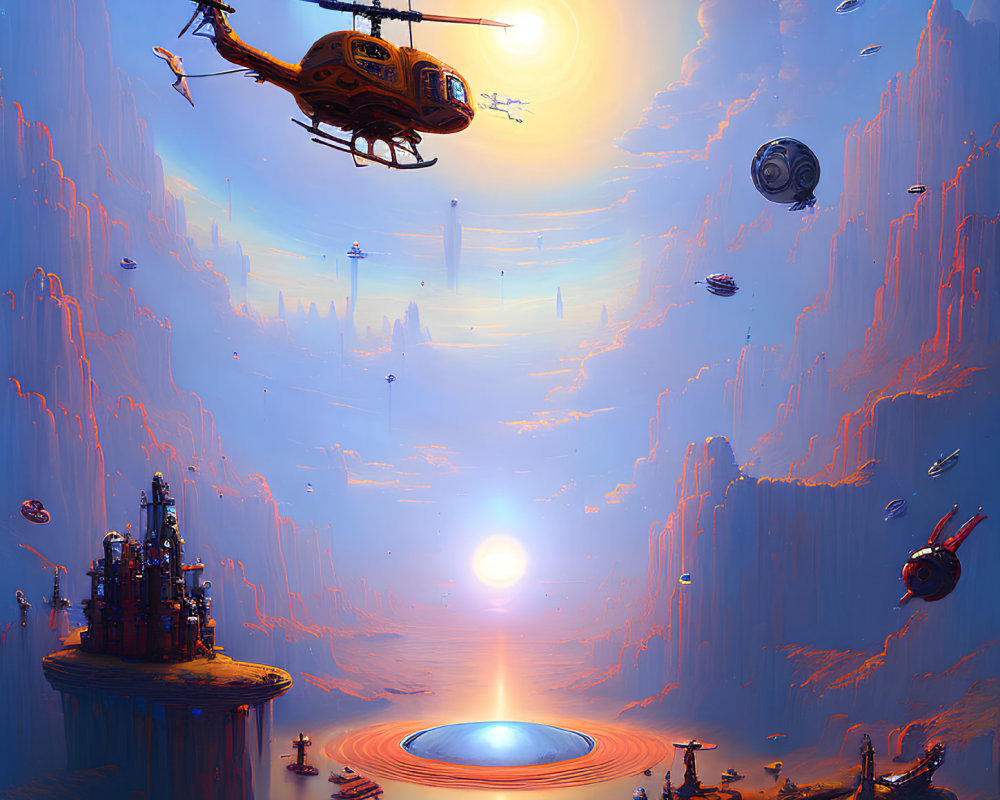 Futuristic sci-fi landscape with helicopter, city, cliffs, dual sunset, spacecraft, and floating