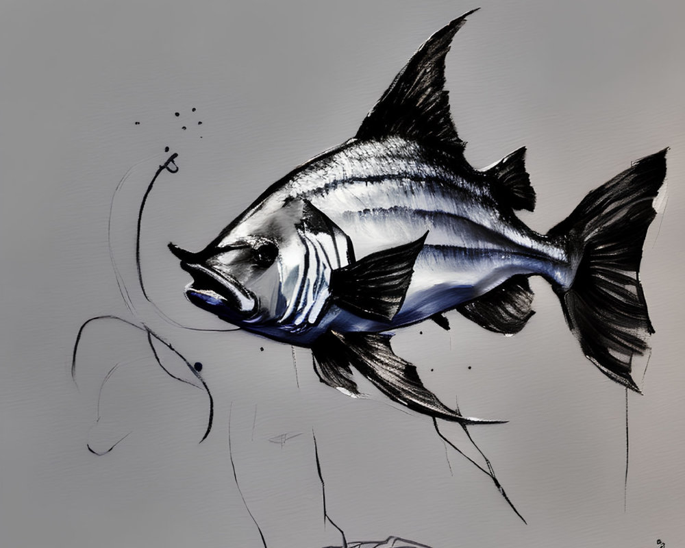 Monochrome fish painting with dynamic brush strokes on light background