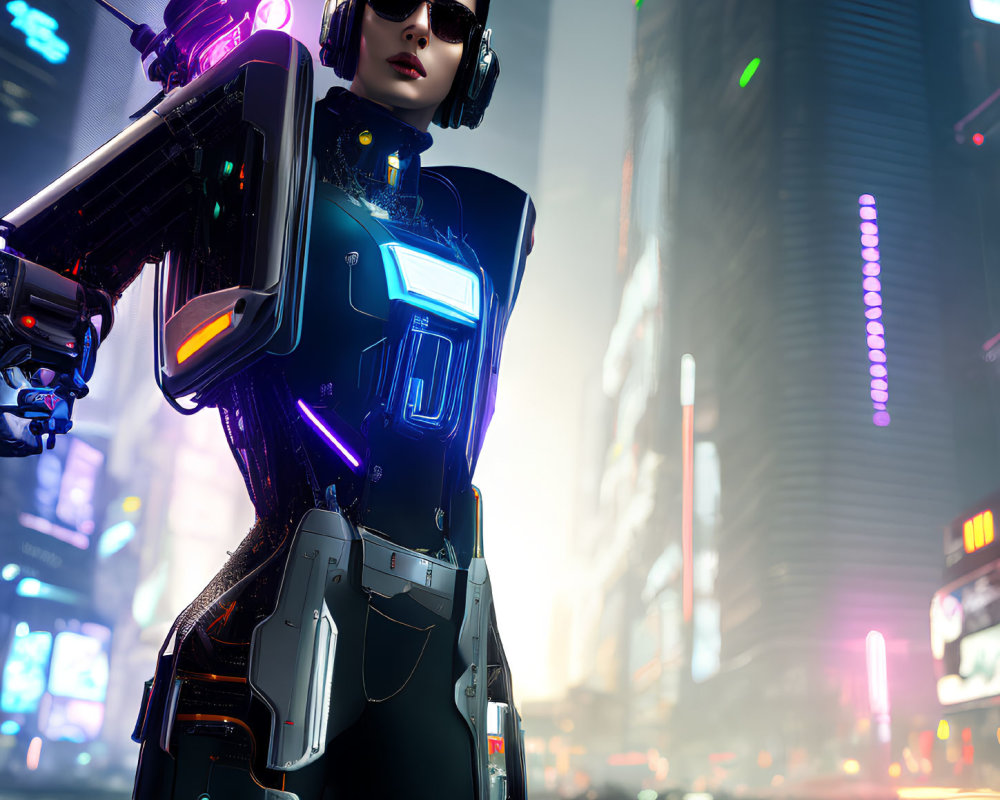 Sleek futuristic female android with illuminated elements and sunglasses in neon-lit cityscape