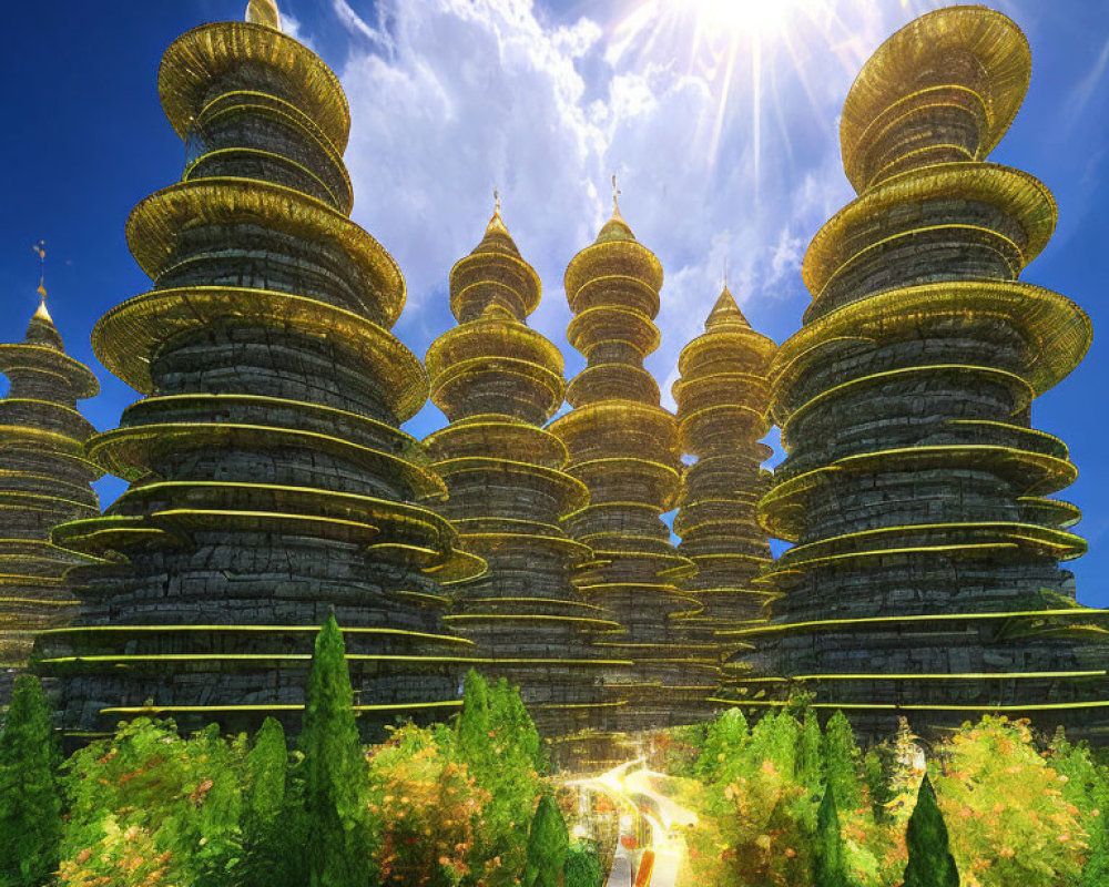 Fantastical Pagoda Towers in Lush Greenery