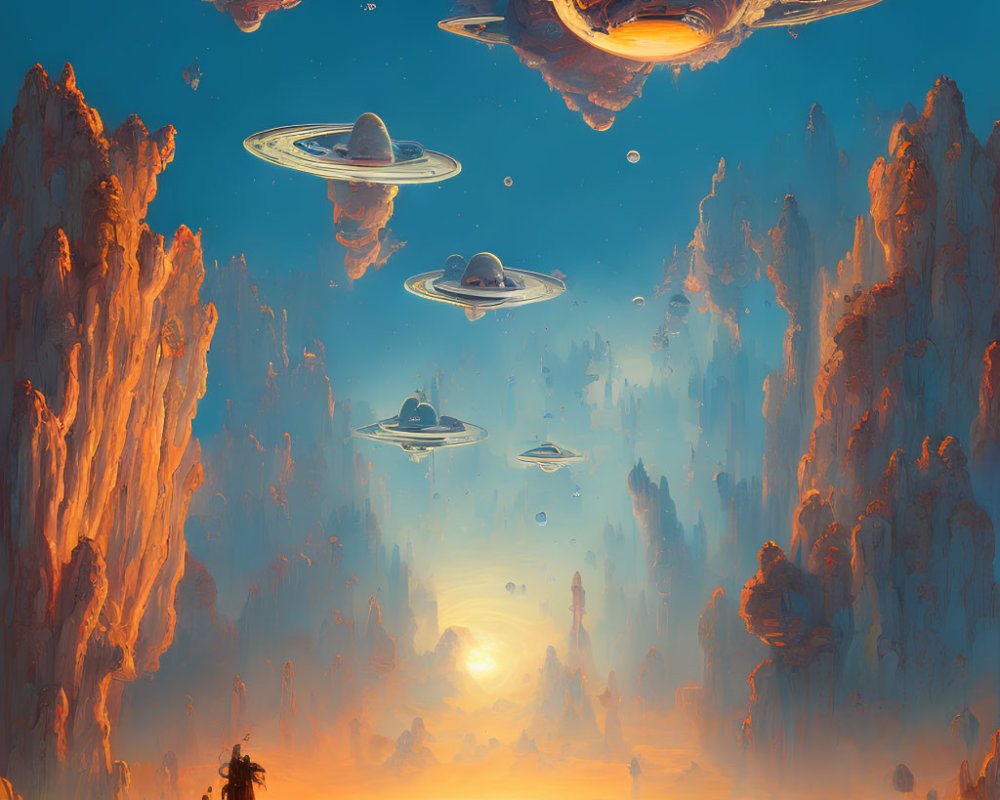 Sci-fi sunset scene with UFOs over ocean cliffs