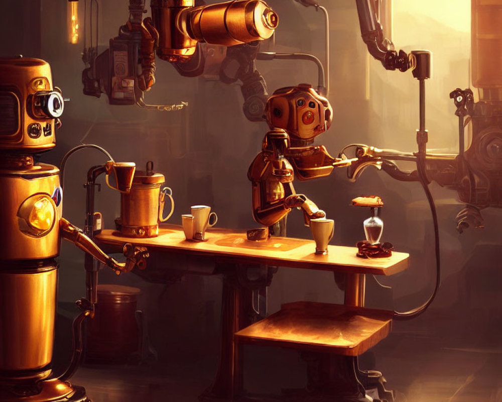 Steampunk-style robot barista in cozy, mechanized cafe