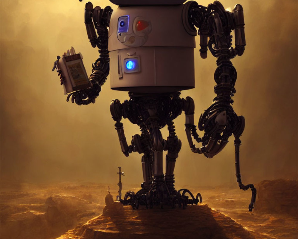 Giant robot with yellow eyes on rocky terrain with notebook and pen