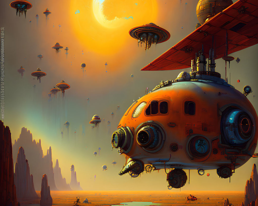 Spherical orange spacecraft over rocky alien landscape