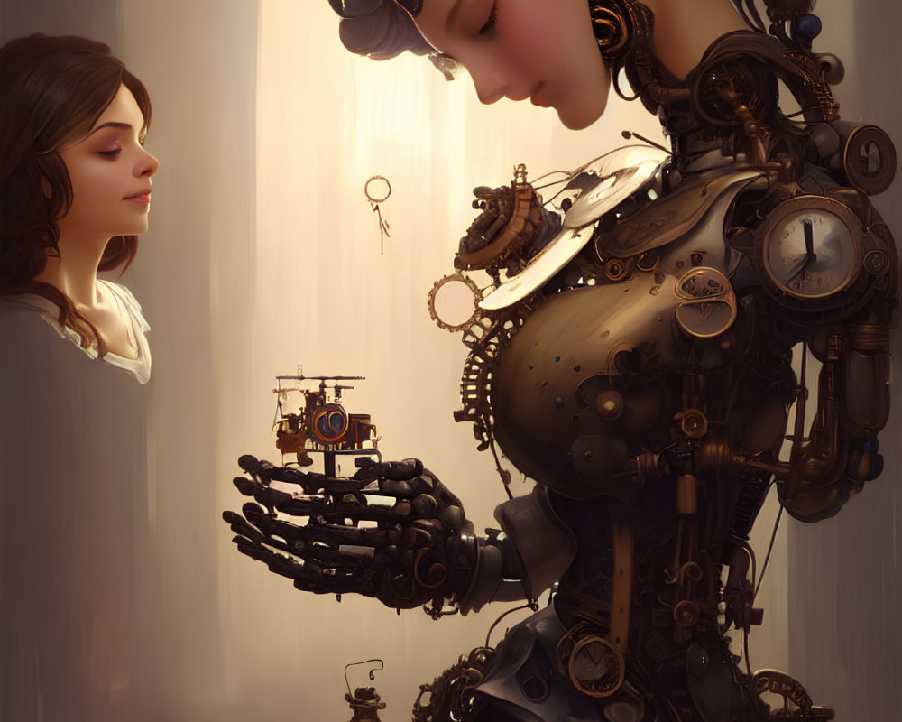 Detailed steampunk-style robot offers tiny ship to woman in thoughtful gaze