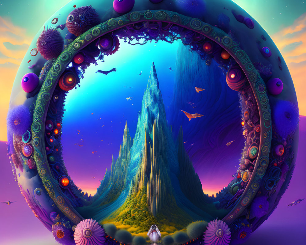 Colorful Fantasy Landscape with Mountain Peak and Flying Creatures