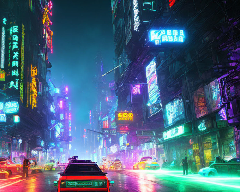 Futuristic cyberpunk cityscape with neon lights and futuristic car