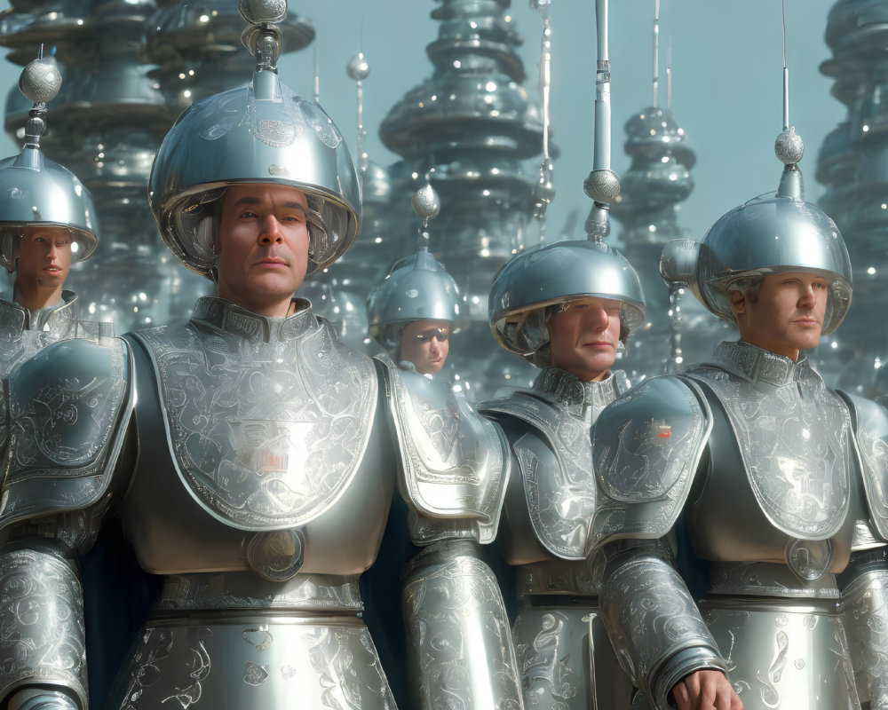 Futuristic individuals in silver armor with large helmets amid towering metallic structures