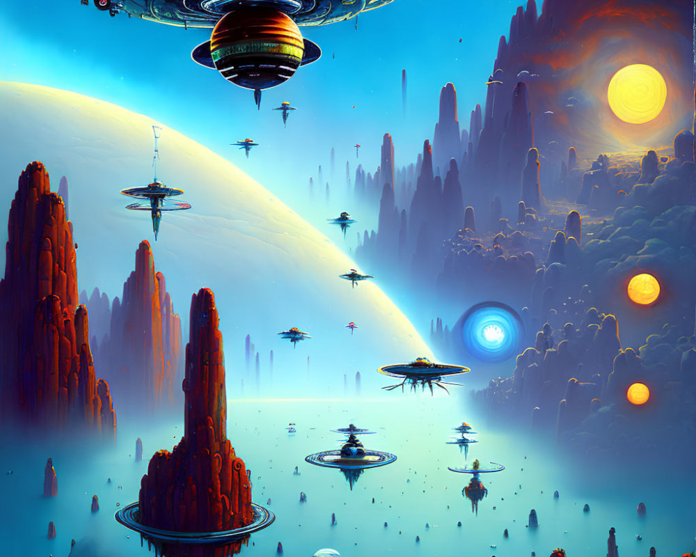 Vibrant Sci-Fi Landscape with Alien Structures and Multiple Suns