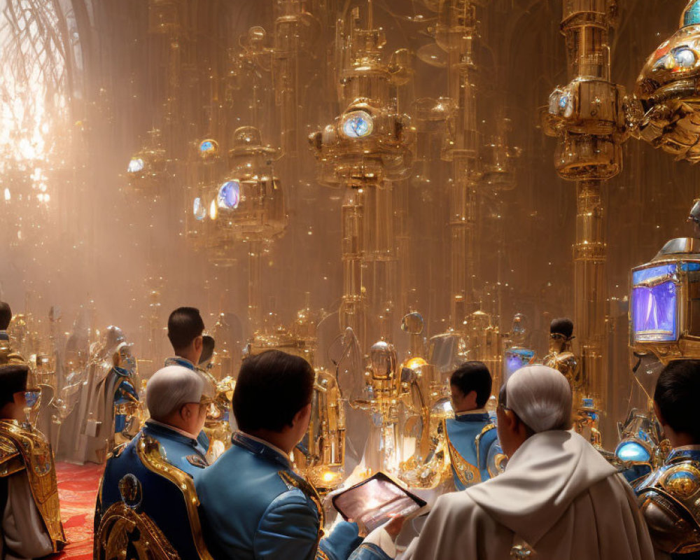 People in elaborate attire gather in luxurious, golden-lit hall with grand chandeliers.