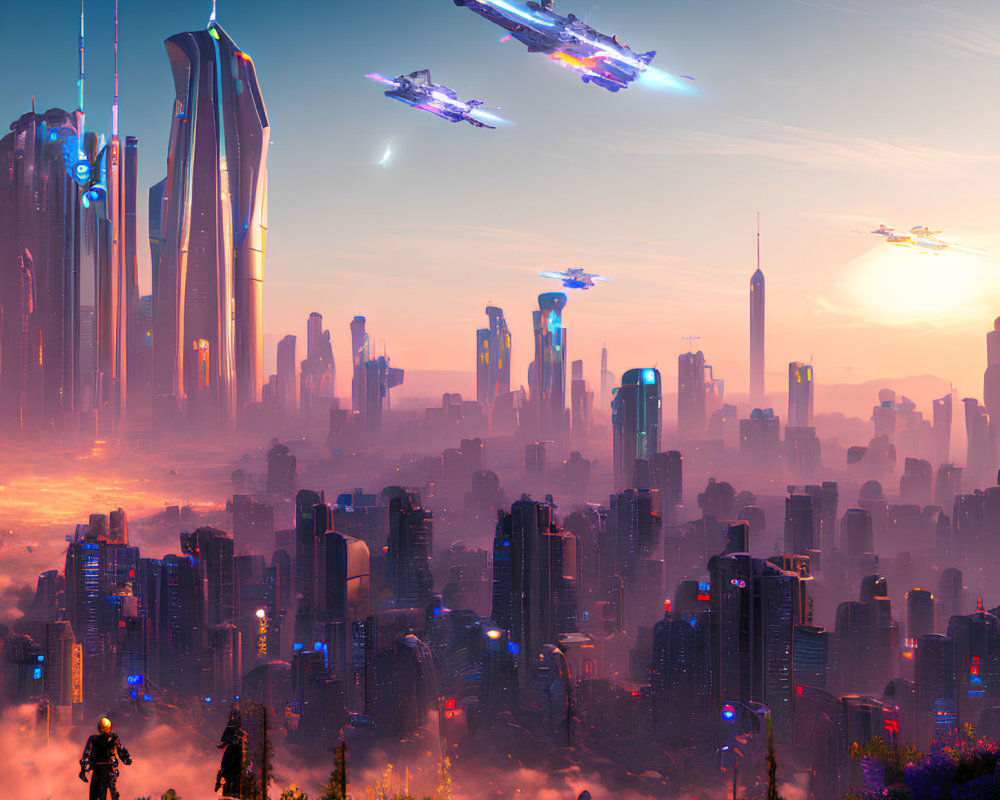 Futuristic cityscape at dusk: skyscrapers, flying vehicles, figures in silhouette