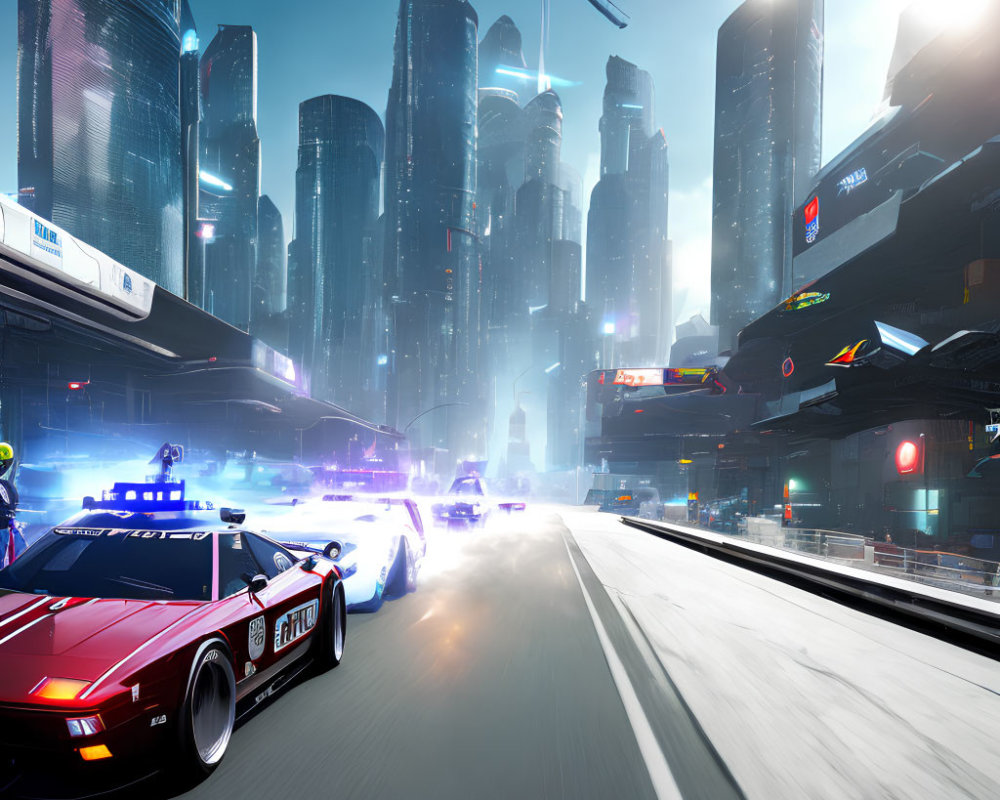 Futuristic cityscape with skyscrapers, neon signs, flying vehicles, and police cars in