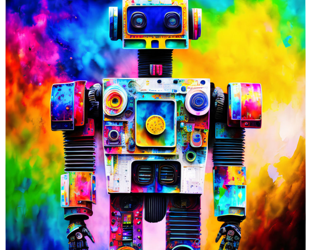 Colorful Stylized Robot Artwork with Tape Deck Mouth on Cosmic Background