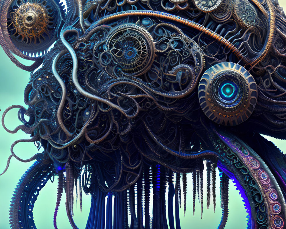 Abstract Digital Artwork: Mechanical and Organic Shapes with Gears, Tentacles, and Protrusions