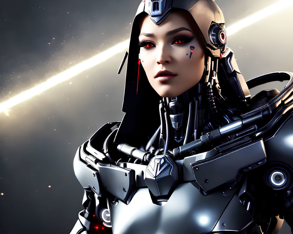 Futuristic female cyborg with intricate armor on starry background