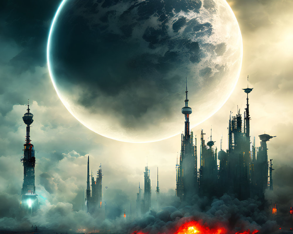 Futuristic cityscape with towering spires under eerie moonlight