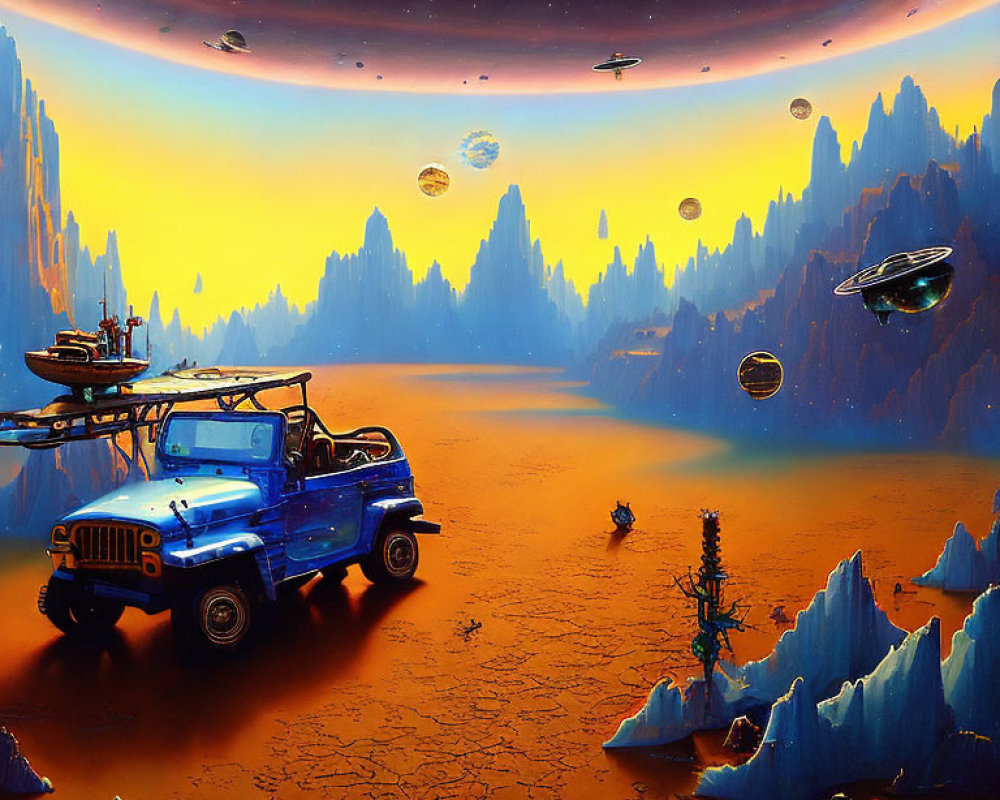 Orange Terrain with Floating Rocks & Blue Jeep in Sci-Fi Landscape