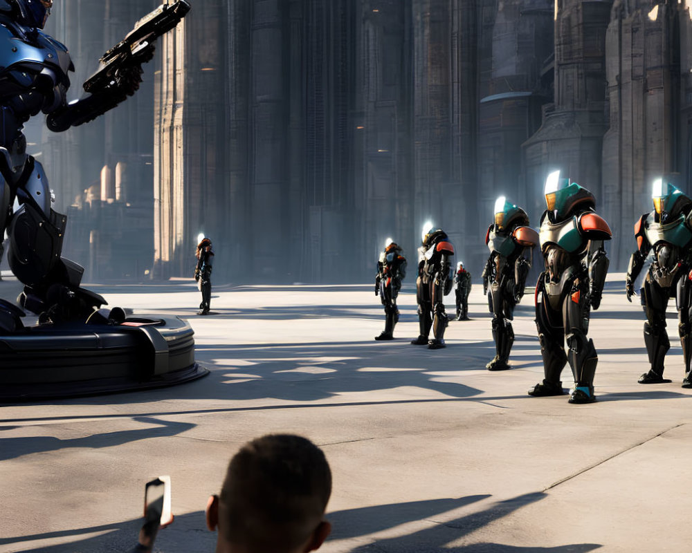 Futuristic soldiers with mecha suit in sunlit cathedral.