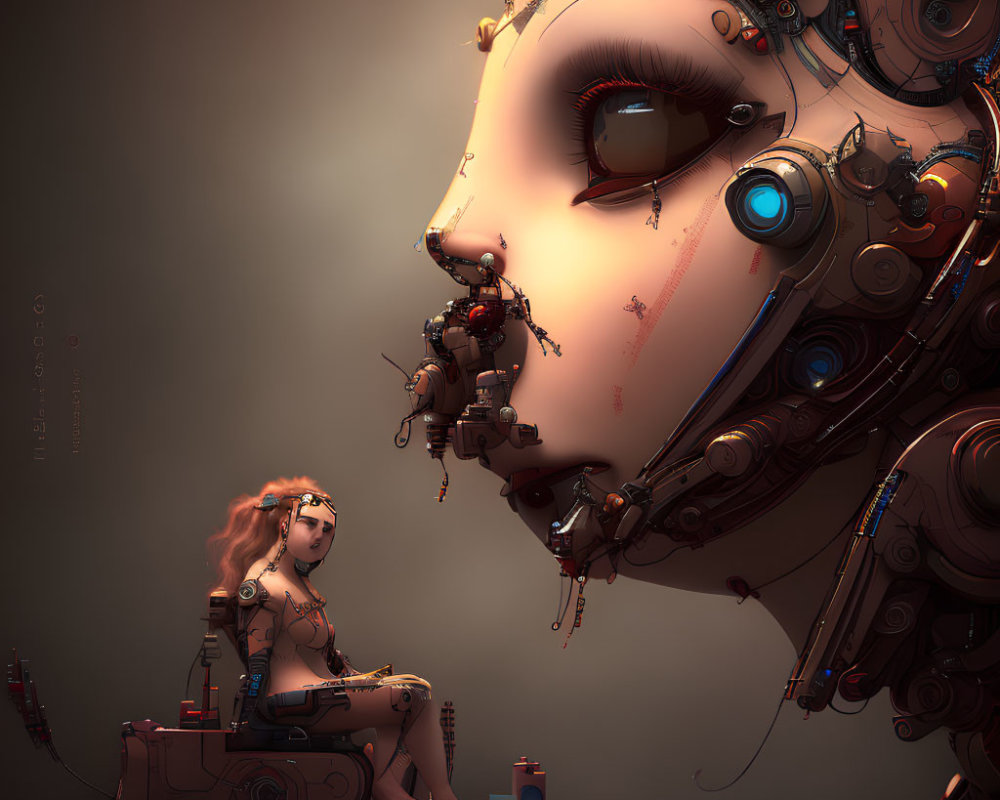 Girl with giant robot face, small robot, and oil can in warm-toned futuristic setting